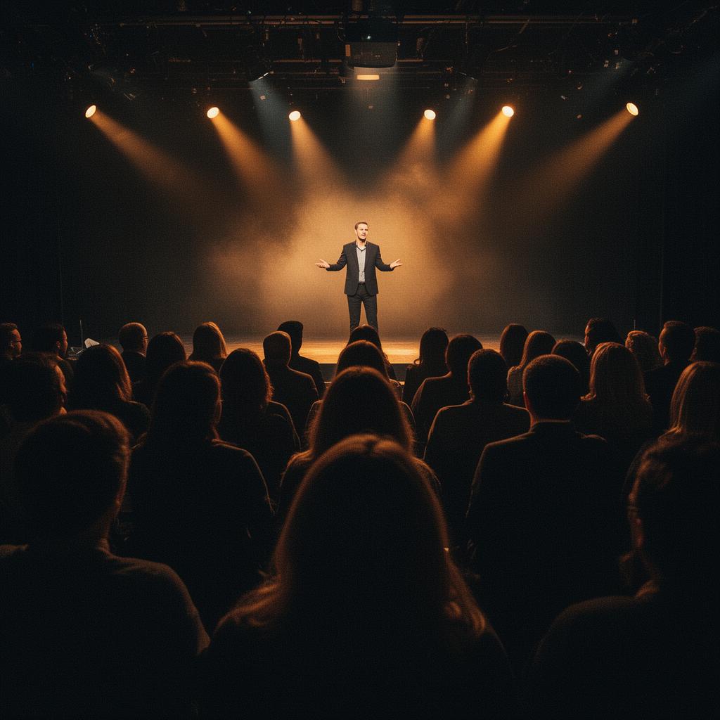 Entrepreneur pitching on stage under dramatic spotlight
